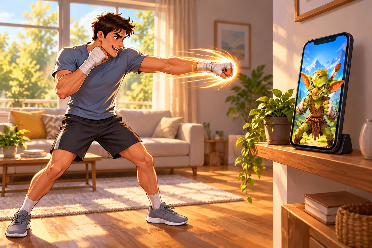 A player shadowboxing in a living room, throwing a jab at a phone that stands on a shelf about one metre away