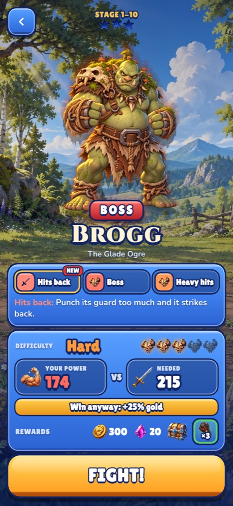 Pre-fight screen for Brogg, the Glade Ogre