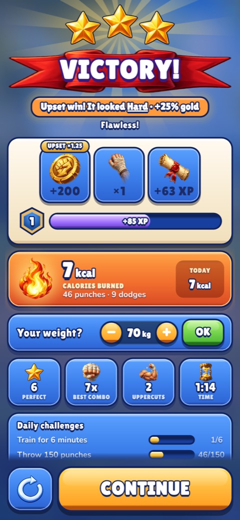 Victory screen with calories burned