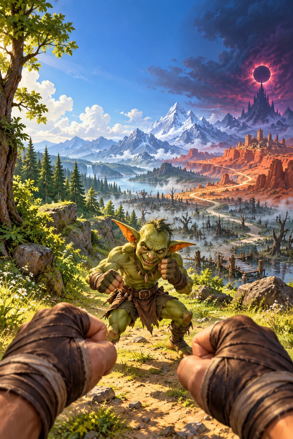 A goblin, a wolf, an ogre, a yeti and a hydra raise their fists on the road to the Eclipse Citadel